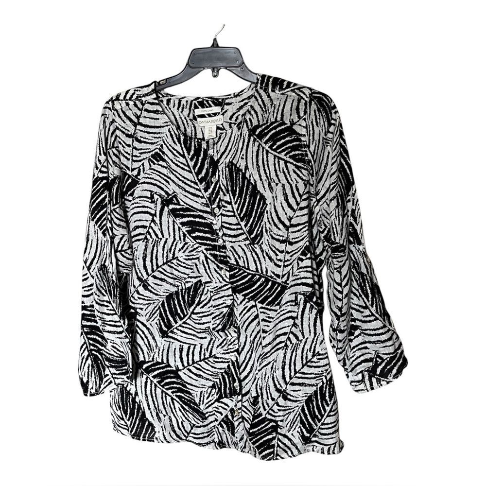 Cynthia Rowley 100% Linen Black/White Palm Leaf Print Button Down Tunic Size 1X